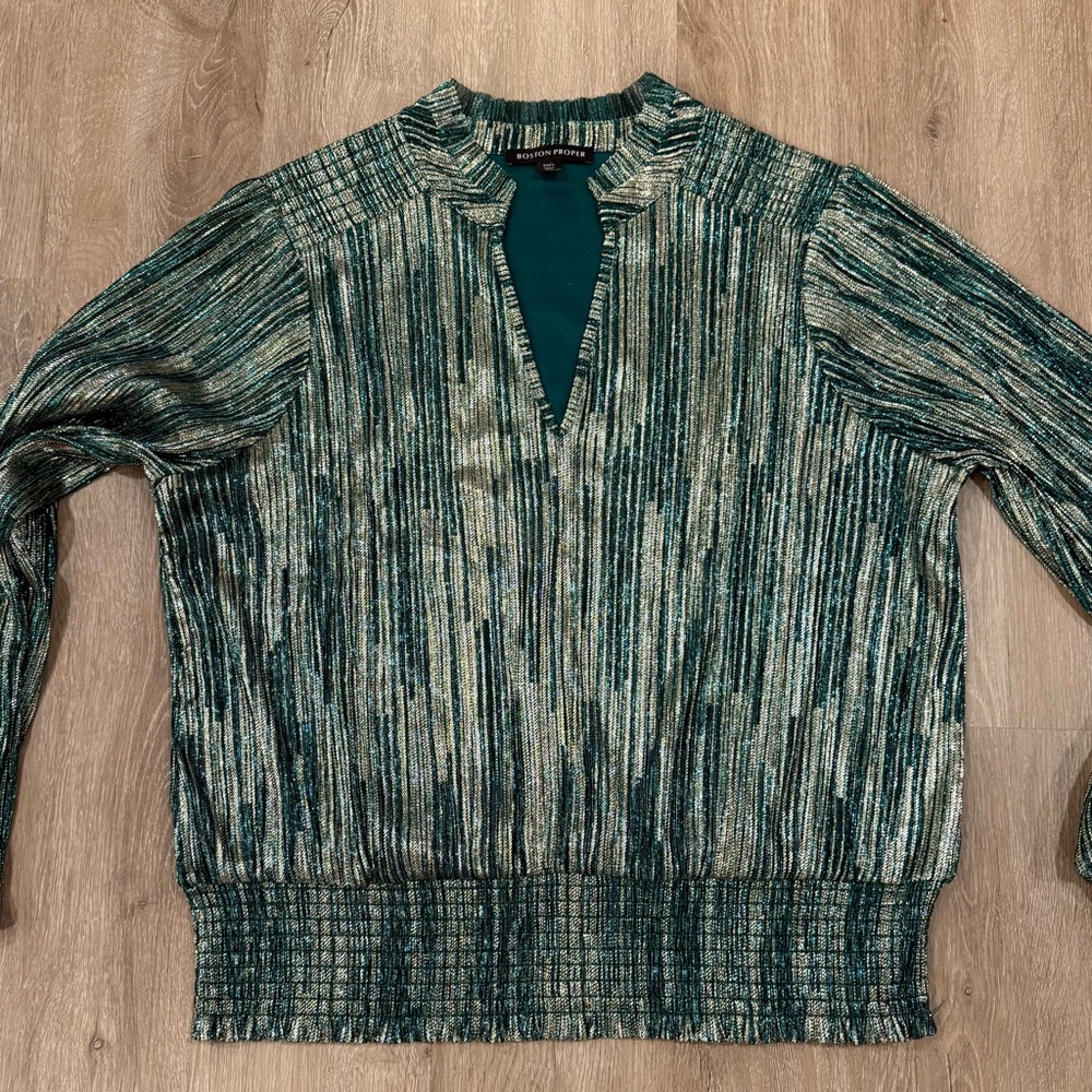 Boston Proper Metallic Green and Gold Blouse Size L